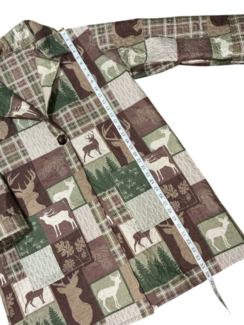 Camo Patchwork Blanket Jacket Upcycled Bedspread Forest Bear Deer Cabin - Picture 11 of 12